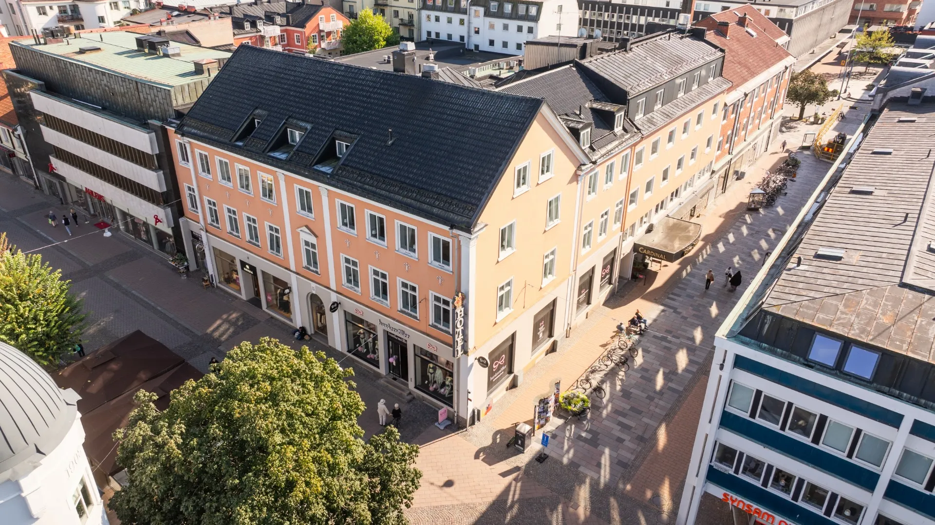 Blända 1 sett från luften, hörnfastighet vid Storgatan 15 i Växjö City