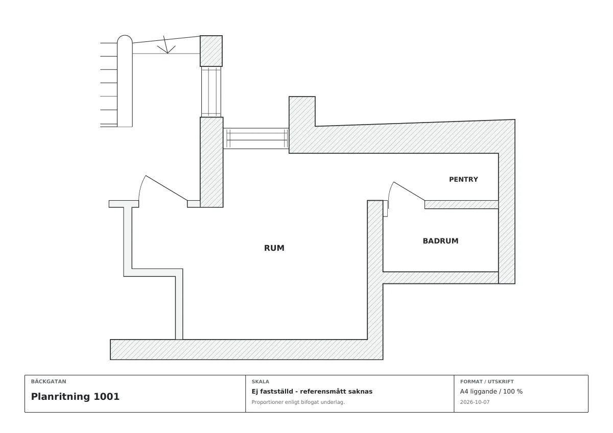 Planlösning över lägenhet 1001 på Bäckgatan 13B med rum, pentry och badrum