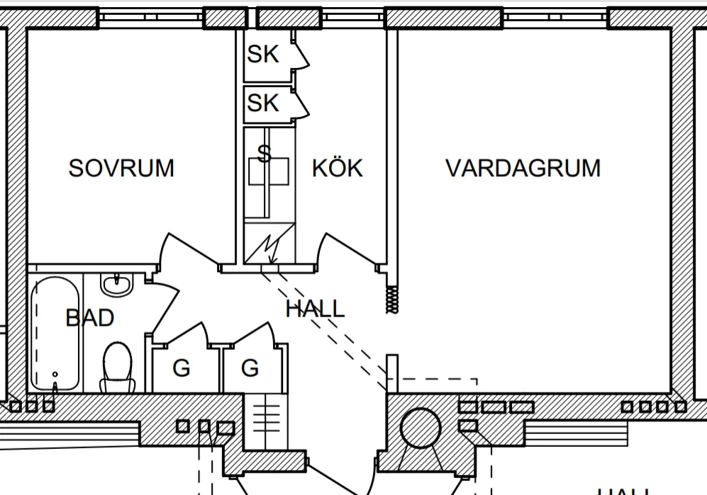Planlösning över lägenhet 1002 på Nygatan 13 med sovrum, vardagsrum, kök, hall och badrum