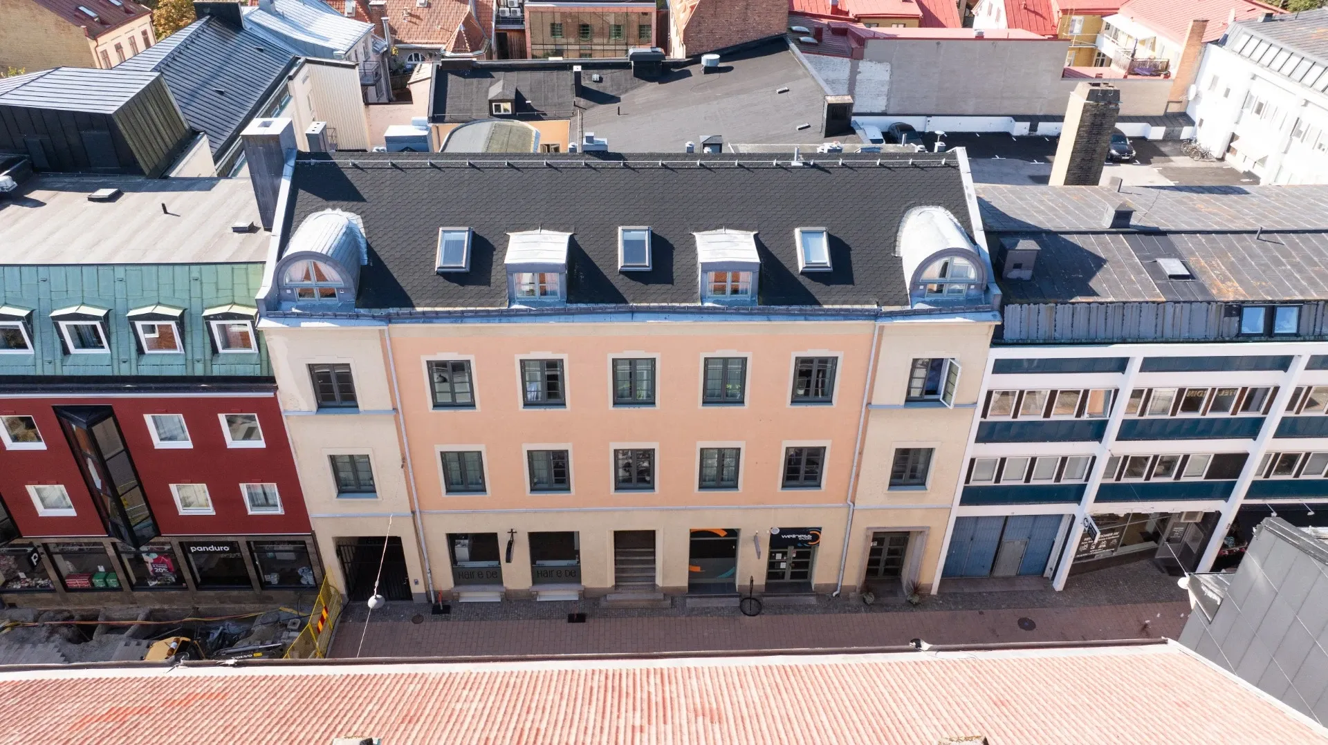 Stormen 5 sett från luften, fastighet vid Bäckgatan 13 i Växjö City